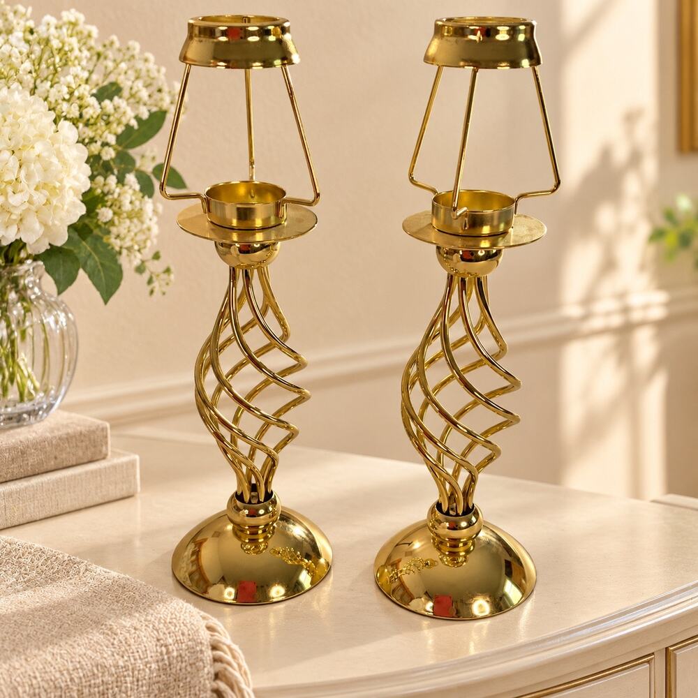 PartyLite Gold Tone Spiral Candle Holder Lamp Bases Pair No Glass Shades